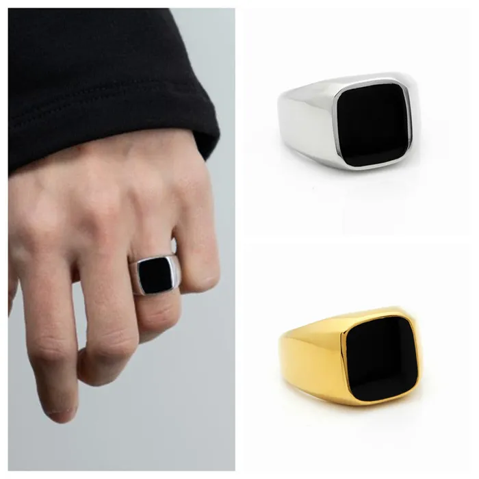 Black Square Flat Top Stainless Steel Signet Ring Silver Glitters Rings Black Square Flat Top Stainless Steel Signet Ring Silver Glitters Rings