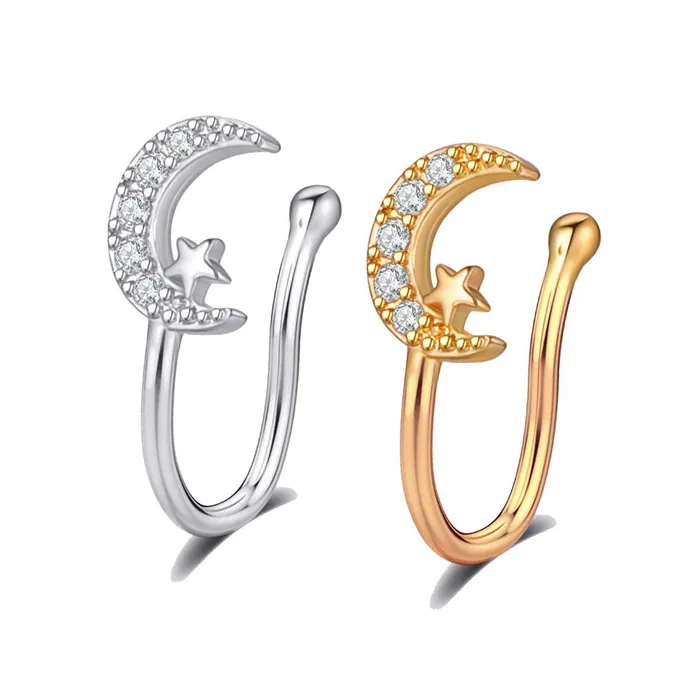 Crescent Moon and Star Non Piercing Fake Nose Ring Glitters Rings
