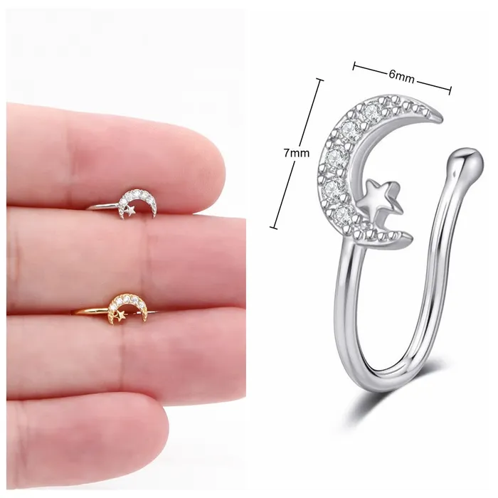 Crescent Moon and Star Non Piercing Fake Nose Ring Glitters Rings