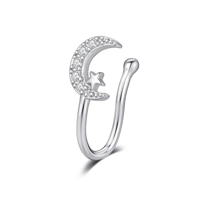Crescent Moon and Star Non Piercing Fake Nose Ring Glitters Rings
