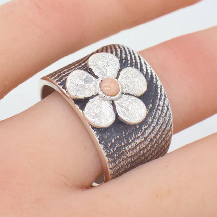 Crown Jewels Coin Rings Darryl Dean Begay Navajo Handmade Sterling Silver Coral Ring Flower