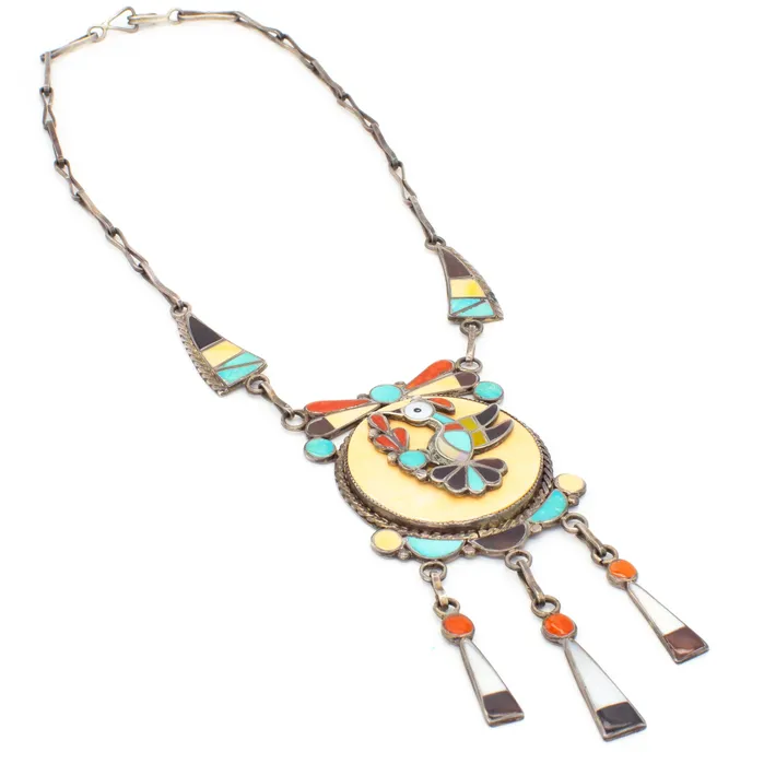 Crown Jewels Coin Theodore Edaakie Zuni Handmade MultiInlay Sterling Silver Necklace Necklaces Crown Jewels Coin Theodore Edaakie Zuni Handmade MultiInlay Sterling Silver Necklace Necklaces