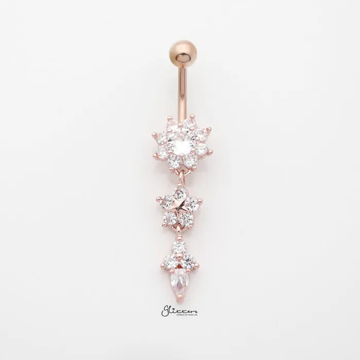 CZ Flowers Dangle Belly Button Navel Ring Rose Gold Glitters Rings