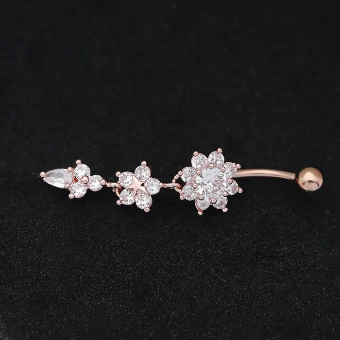 CZ Flowers Dangle Belly Button Navel Ring Rose Gold Glitters Rings