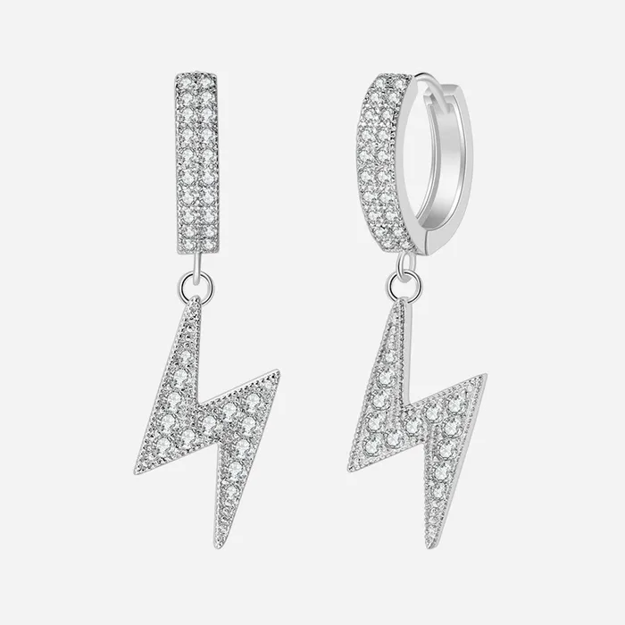 CZ Paved Huggie Hoop Earrings with Dangle Lightning Bolt Silver Glitters Earrings CZ Paved Huggie Hoop Earrings with Dangle Lightning Bolt Silver Glitters Earrings