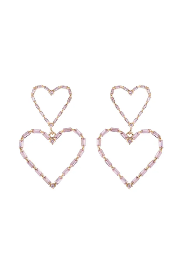 Double Heart 14K Gold Plated CZ Crystal Drop Earring Eye Candy LA Earrings