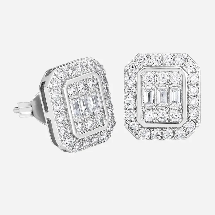 Earrings Glitters Baguette Cut CZ Rectangular Stud Earrings Silver