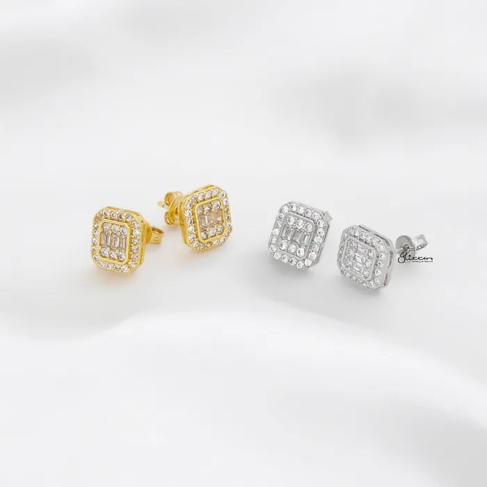Earrings Glitters Baguette Cut CZ Rectangular Stud Earrings Silver