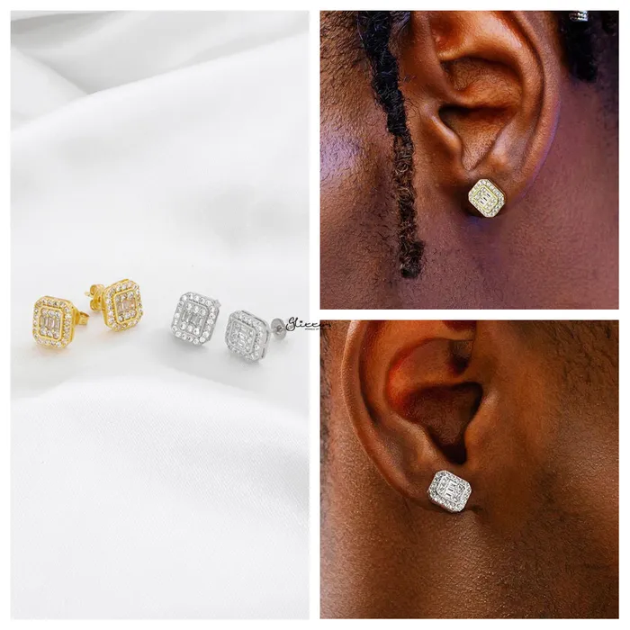 Earrings Glitters Baguette Cut CZ Rectangular Stud Earrings Silver