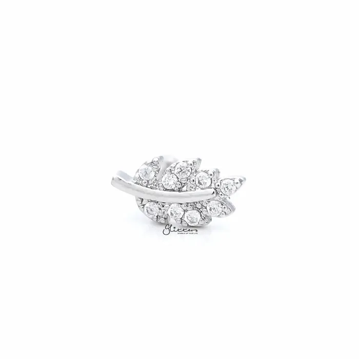 Earrings Glitters CZ Paved Leaf Top on Internally Threaded Flat Back Stud Silver Earrings Glitters CZ Paved Leaf Top on Internally Threaded Flat Back Stud Silver