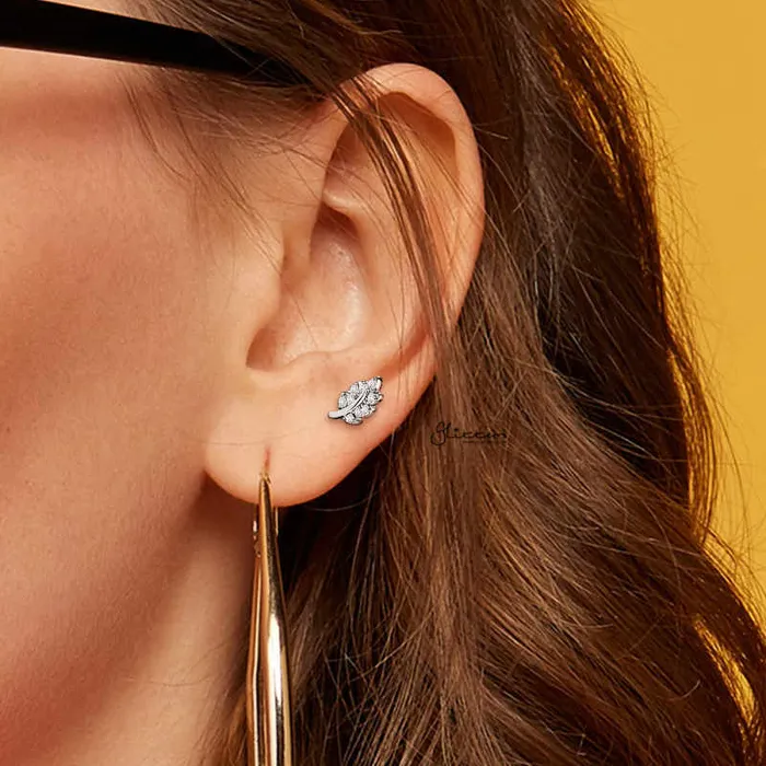 Earrings Glitters CZ Paved Leaf Top on Internally Threaded Flat Back Stud Silver
