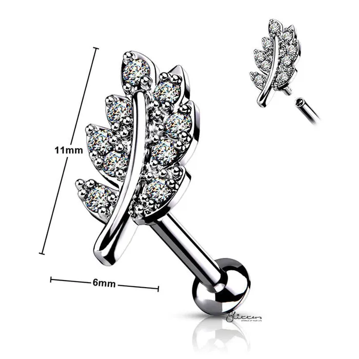 Earrings Glitters CZ Paved Leaf Top on Internally Threaded Flat Back Stud Silver