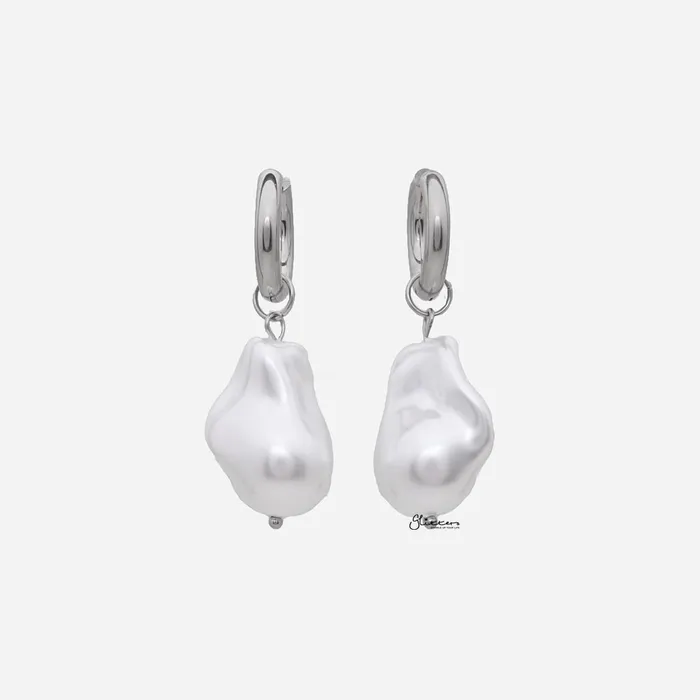 Earrings Glitters Stainless Steel Hoop Earrings with Pearl Drop Silver