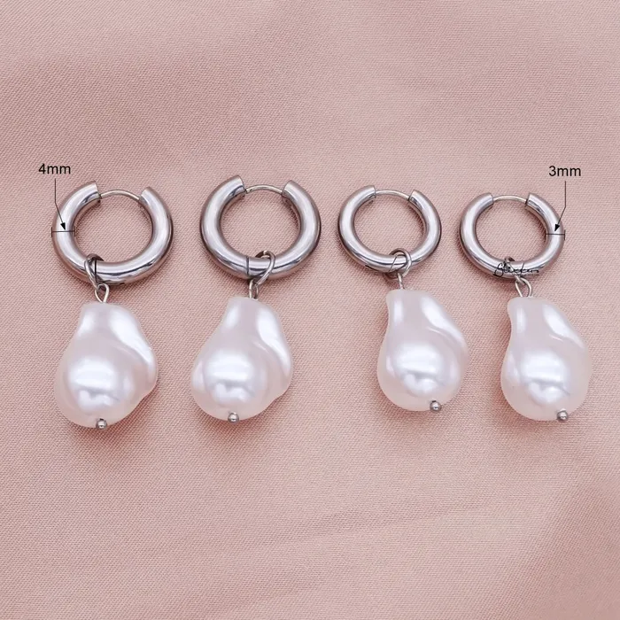 Earrings Glitters Stainless Steel Hoop Earrings with Pearl Drop Silver