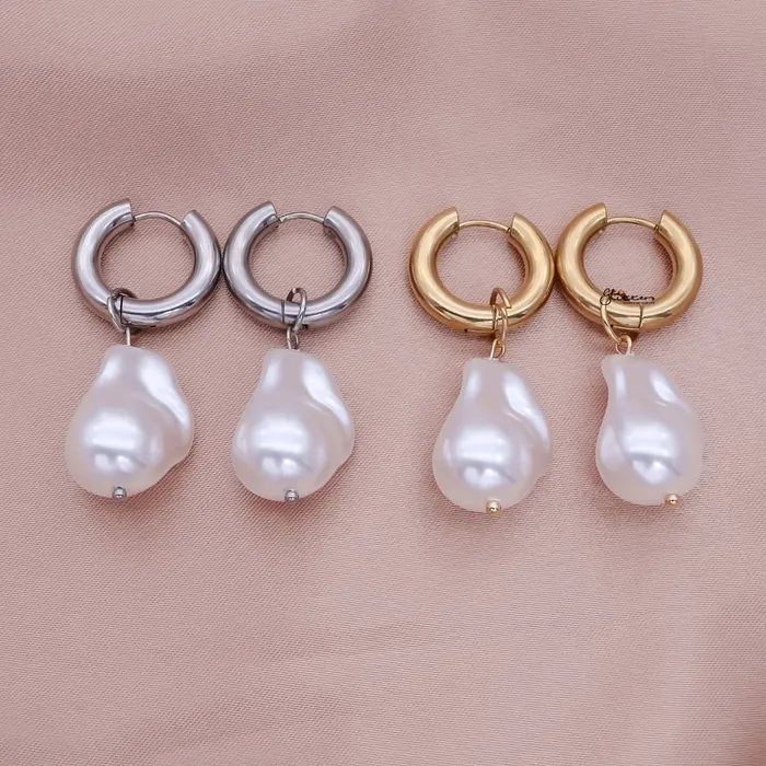 Earrings Glitters Stainless Steel Hoop Earrings with Pearl Drop Silver