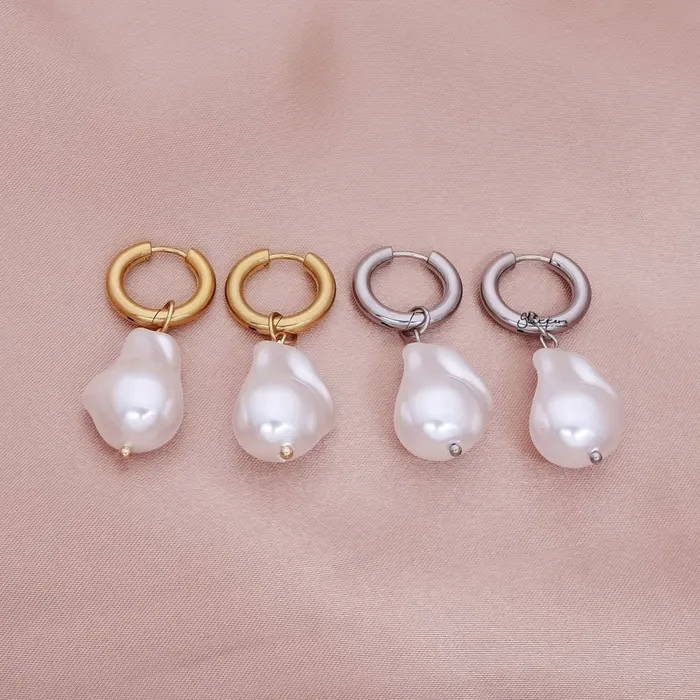 Earrings Glitters Stainless Steel Hoop Earrings with Pearl Drop Silver