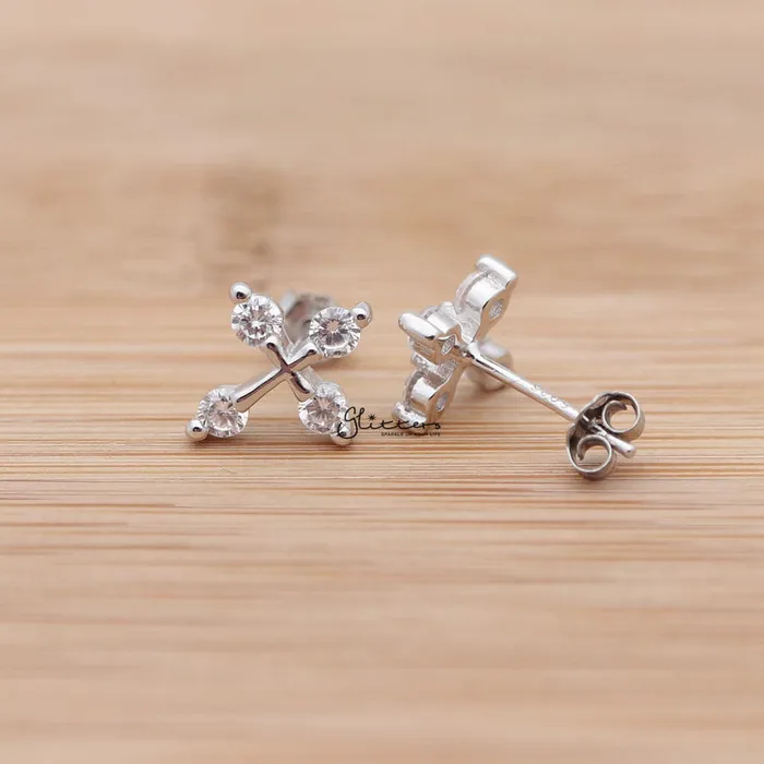 Earrings Glitters Sterling Silver Cross with 4 Cubic Zirconia Stud Earrings