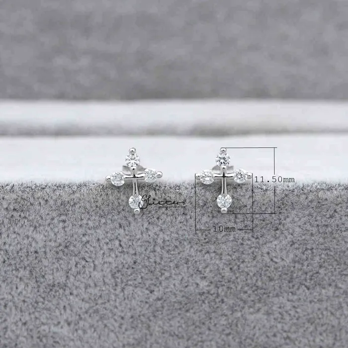 Earrings Glitters Sterling Silver Cross with 4 Cubic Zirconia Stud Earrings