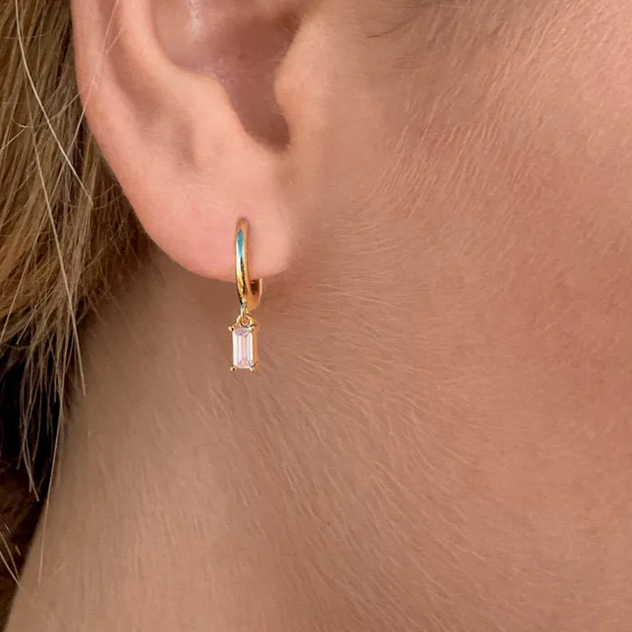 Earrings Glitters Sterling Silver Huggie Hoop Earrings with Dangle Baguette CZ Gold