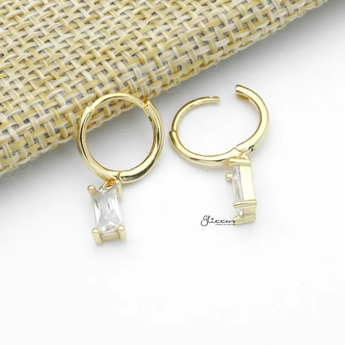 Earrings Glitters Sterling Silver Huggie Hoop Earrings with Dangle Baguette CZ Gold