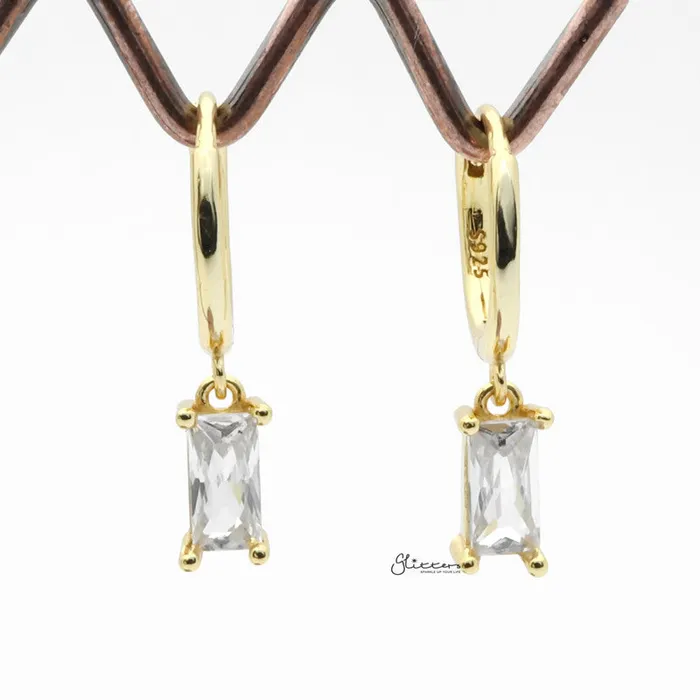 Earrings Glitters Sterling Silver Huggie Hoop Earrings with Dangle Baguette CZ Gold
