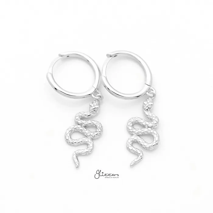 Earrings Glitters Sterling Silver Huggie Hoop Earrings with Dangle Snake Silver Earrings Glitters Sterling Silver Huggie Hoop Earrings with Dangle Snake Silver