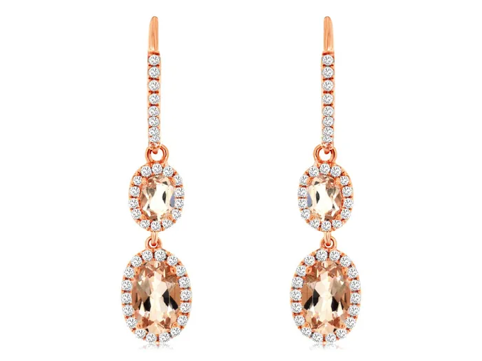 Earrings ROYAL JEWELRY MFG INC Royal 14K Rose Gold 145ctw Huggie Dangle Style Oval Morganites and Diamonds Earrings Earrings ROYAL JEWELRY MFG INC Royal 14K Rose Gold 145ctw Huggie Dangle Style Oval Morganites and Diamonds Earrings