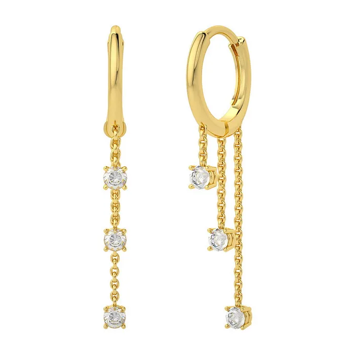 Earrings Sterling Silver Hoop Earrings with Three Drop CZ Charms Gold Glitters Earrings Sterling Silver Hoop Earrings with Three Drop CZ Charms Gold Glitters