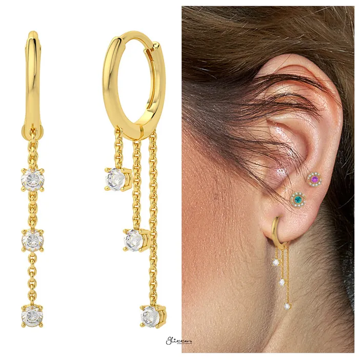 Earrings Sterling Silver Hoop Earrings with Three Drop CZ Charms Gold Glitters