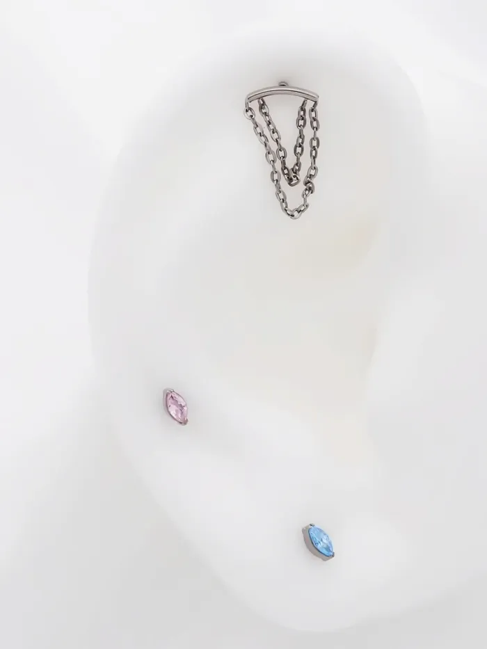 Earrings Titanium Curved Bar with Double Chains Top Flat Back Stud Earrings Glitters