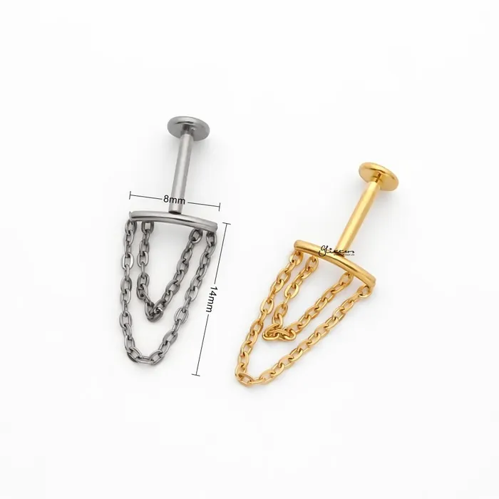 Earrings Titanium Curved Bar with Double Chains Top Flat Back Stud Earrings Glitters