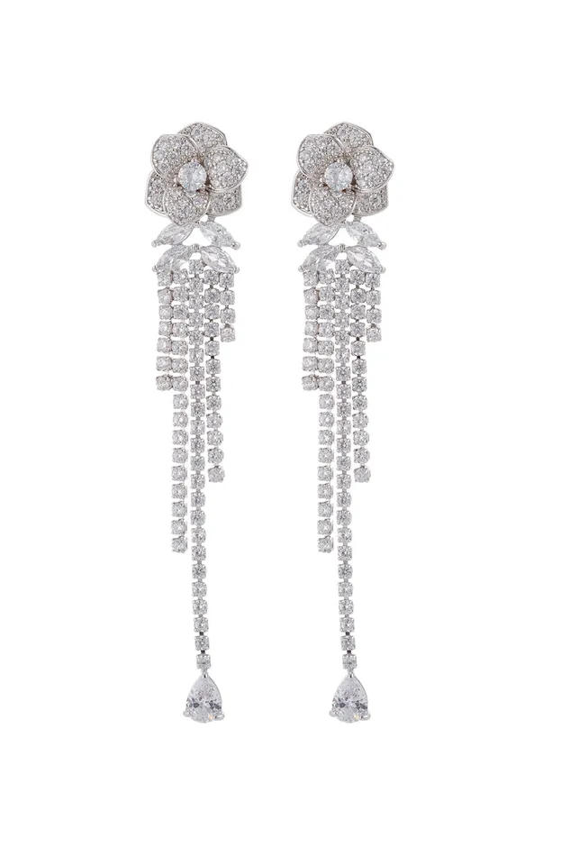 Earrings White Rose CZ Crystal Dangle Drop Earring Eye Candy LA