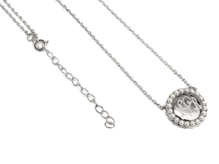 Engraved Jewelry Necklaces Sterling Silver Round Pearl Pendant Necklace