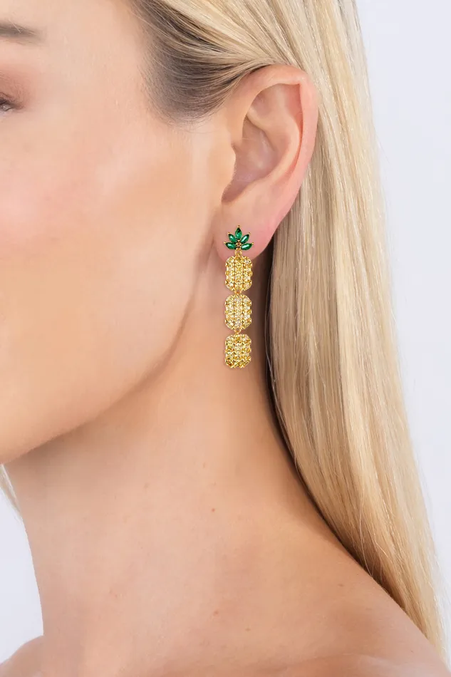 Eye Candy LA Earrings Yellow Pineapple 18K Gold Plated CZ Drop Earrings