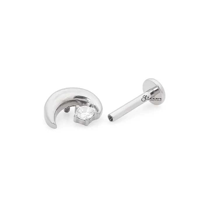 Glitters CZ Star and Crescent Top Internally Threaded Flat Back Stud Earrings Earrings