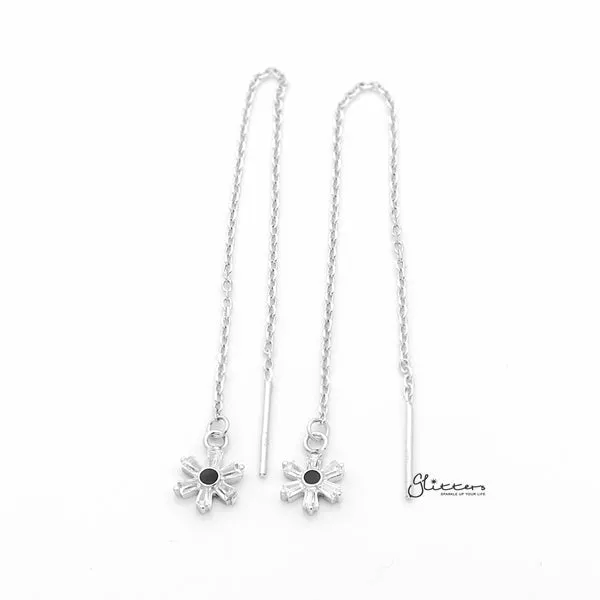 Glitters Earrings 925 Sterling Silver CZ Flower Long Chain Threader Earrings