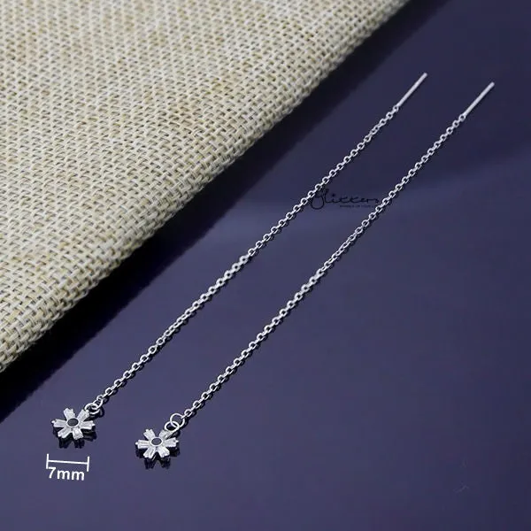 Glitters Earrings 925 Sterling Silver CZ Flower Long Chain Threader Earrings