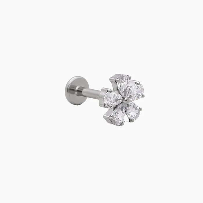 Glitters Earrings CZ Flower Top Internally Threaded Titanium Flat Back Stud Earrings