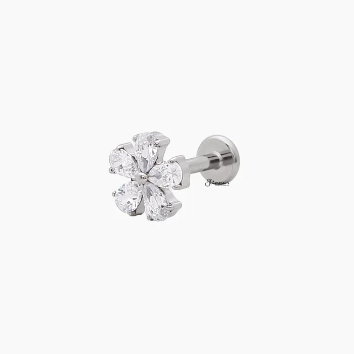 Glitters Earrings CZ Flower Top Internally Threaded Titanium Flat Back Stud Earrings