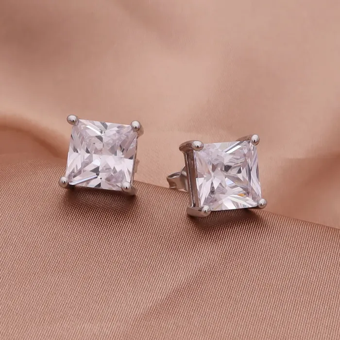 Glitters Earrings Rhodium Plated Clear Square CZ Stud Earrings