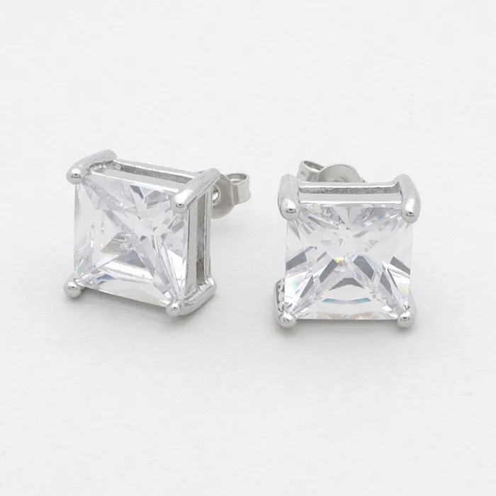 Glitters Earrings Rhodium Plated Clear Square CZ Stud Earrings Glitters Earrings Rhodium Plated Clear Square CZ Stud Earrings