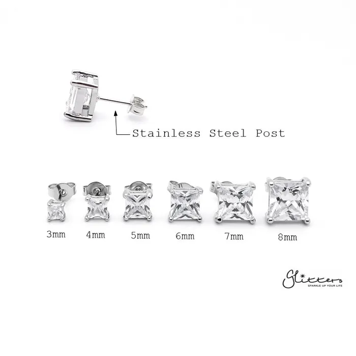 Glitters Earrings Rhodium Plated Clear Square CZ Stud Earrings Glitters Earrings Rhodium Plated Clear Square CZ Stud Earrings
