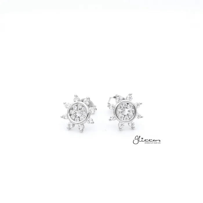 Glitters Earrings Sterling Silver CZ Flower Womens Stud Earrings