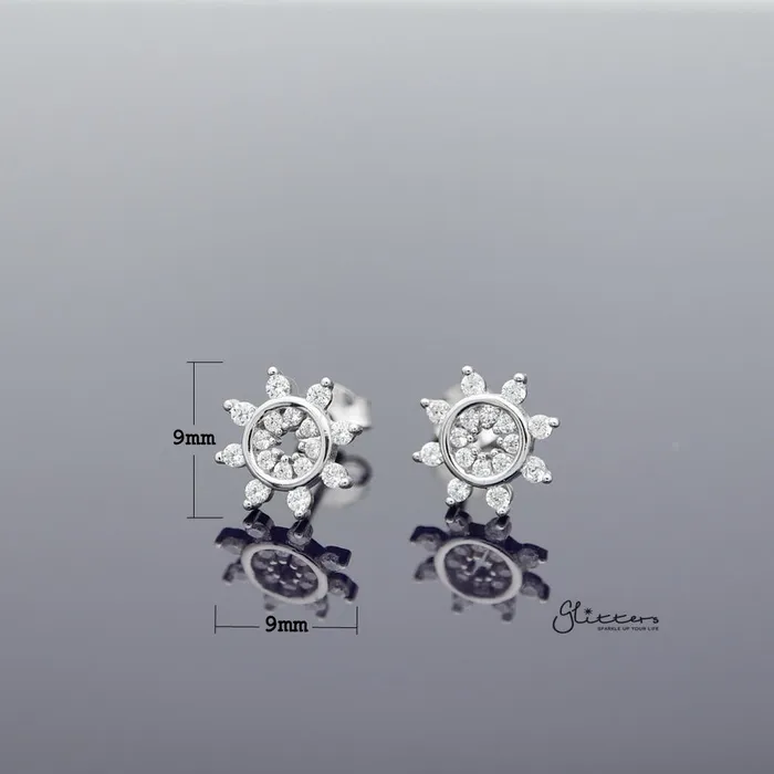 Glitters Earrings Sterling Silver CZ Flower Womens Stud Earrings