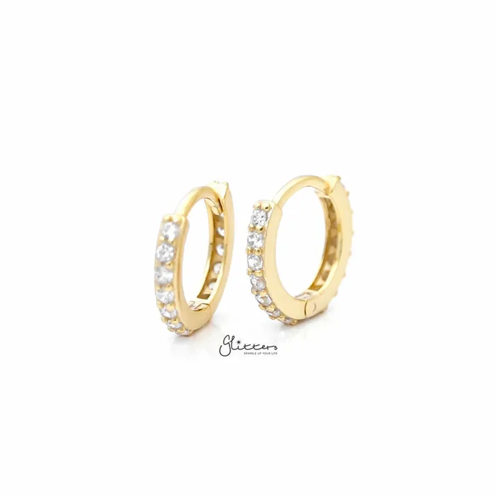Glitters Earrings Sterling Silver CZ Paved OneTouch Huggie Hoop Earrings Gold