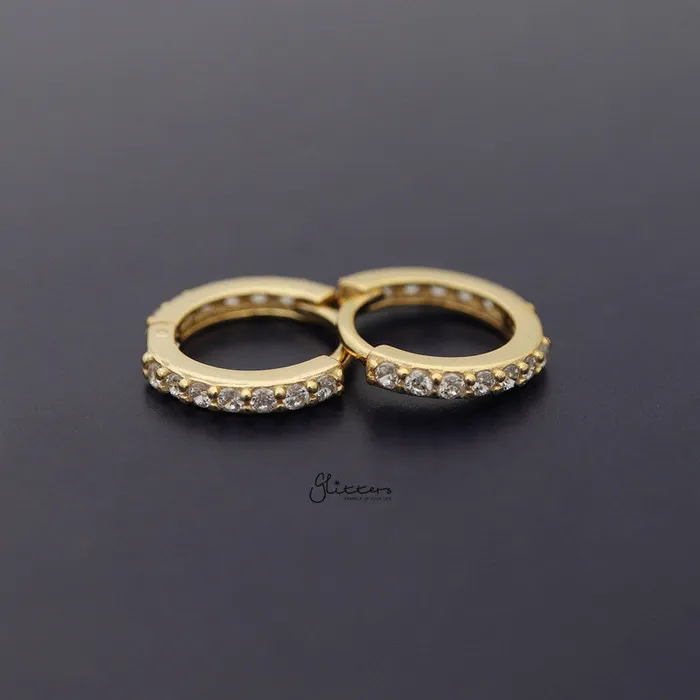 Glitters Earrings Sterling Silver CZ Paved OneTouch Huggie Hoop Earrings Gold