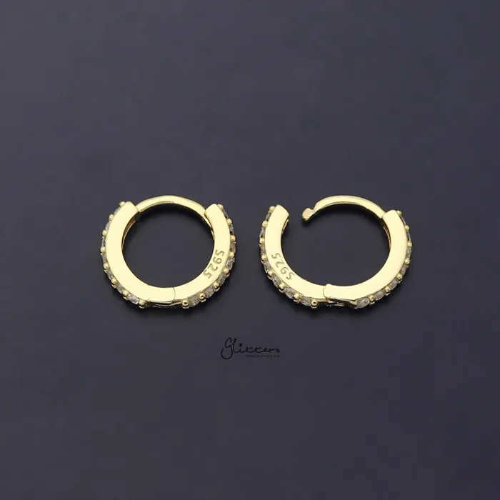 Glitters Earrings Sterling Silver CZ Paved OneTouch Huggie Hoop Earrings Gold
