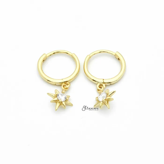 Glitters Earrings Sterling Silver Huggie Hoop Earrings with Dangle Star Gold