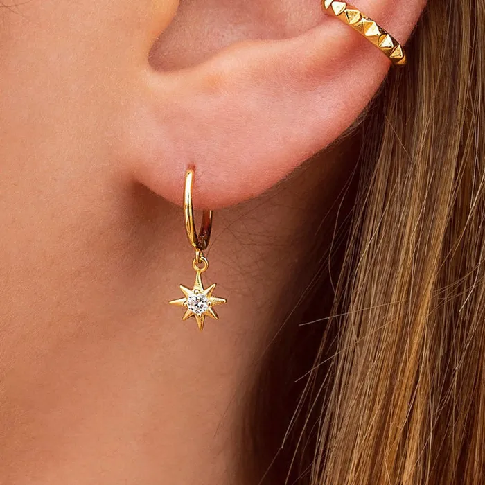 Glitters Earrings Sterling Silver Huggie Hoop Earrings with Dangle Star Gold