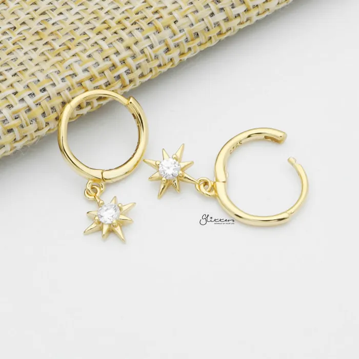 Glitters Earrings Sterling Silver Huggie Hoop Earrings with Dangle Star Gold